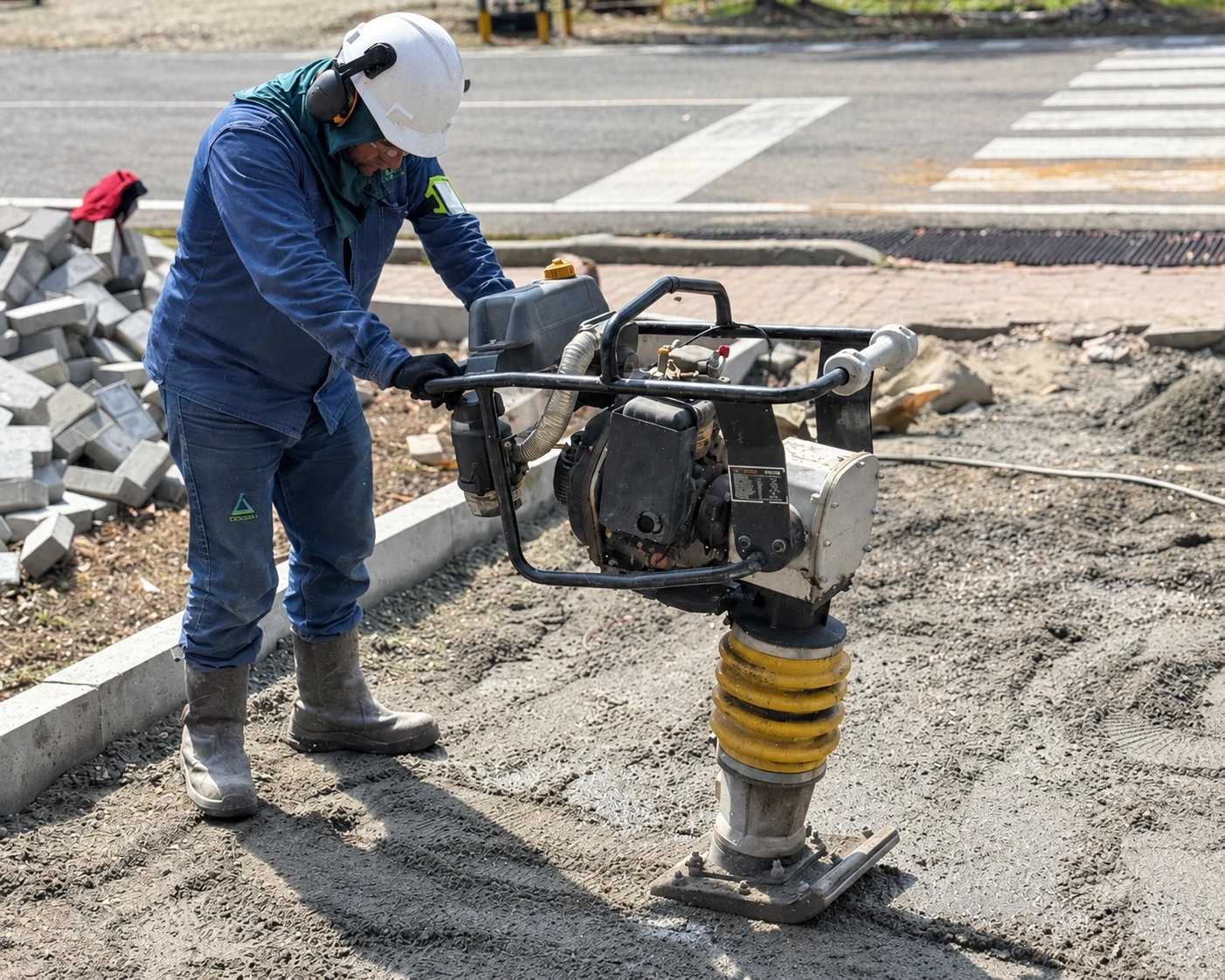 Persona con casco y protección auditiva opera un compactador manual durante una reparación de superficie