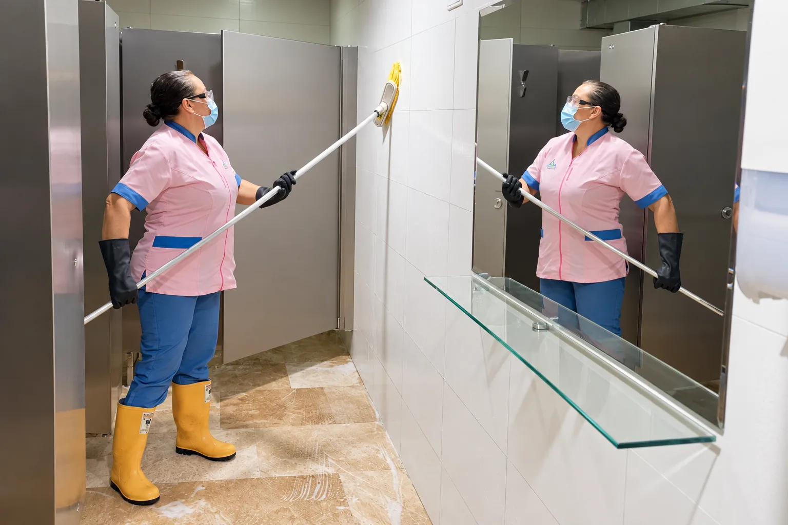 Colaboradora de COASERV limpiando una superficie del baño con una herramienta de mango largo